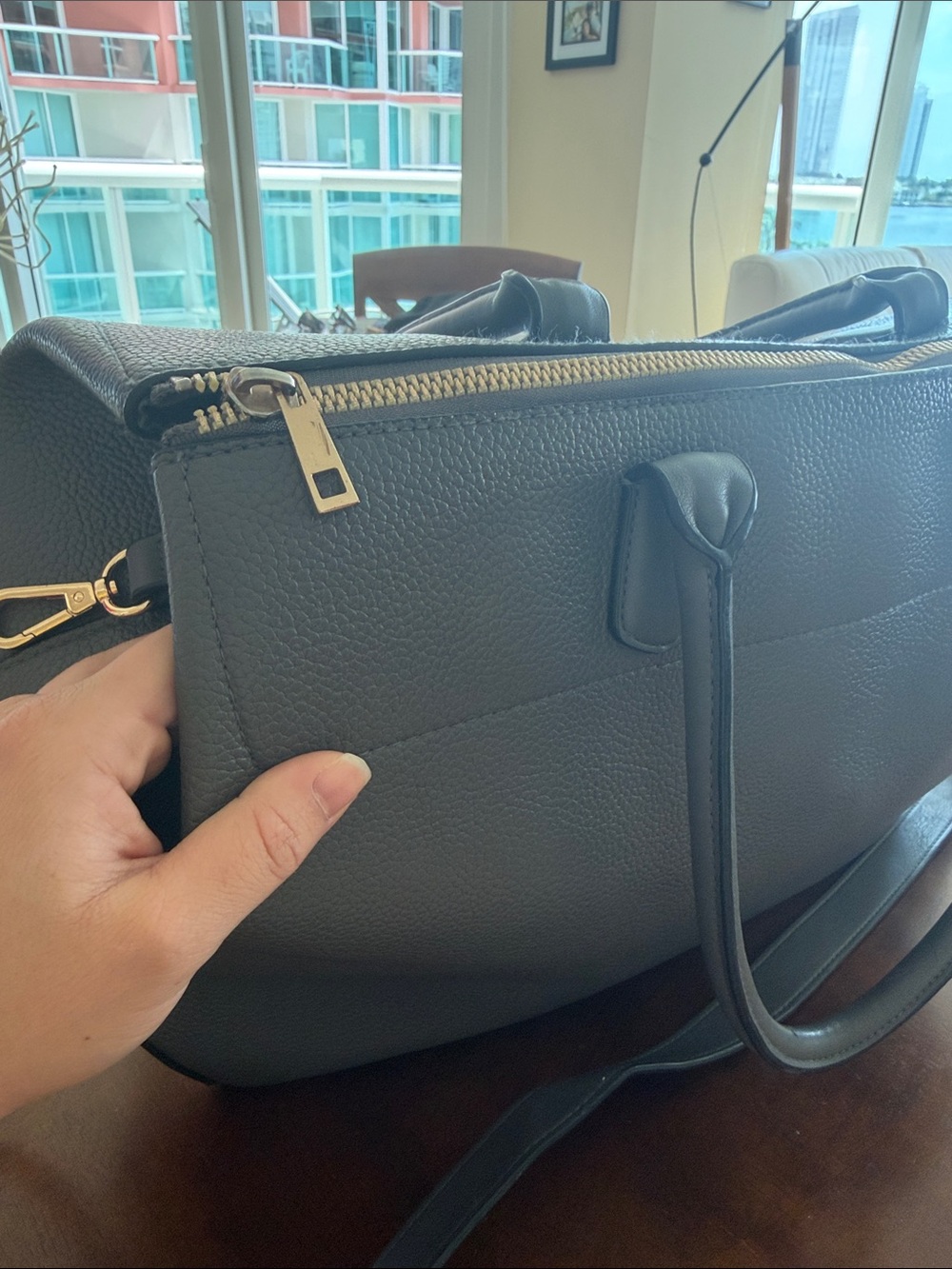 Gray Faux Leather Tote / Diaper / Travel Bag Crossbody Large Zip Top - Picture 5 of 6
